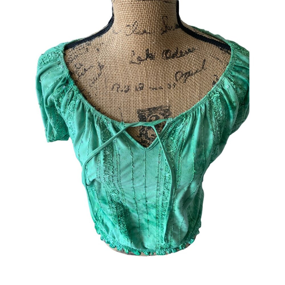 🍒 2/$20 Vibrant Boho Green Dress Barn Blouse Ridged Tie Front Ruffled Hem sz L